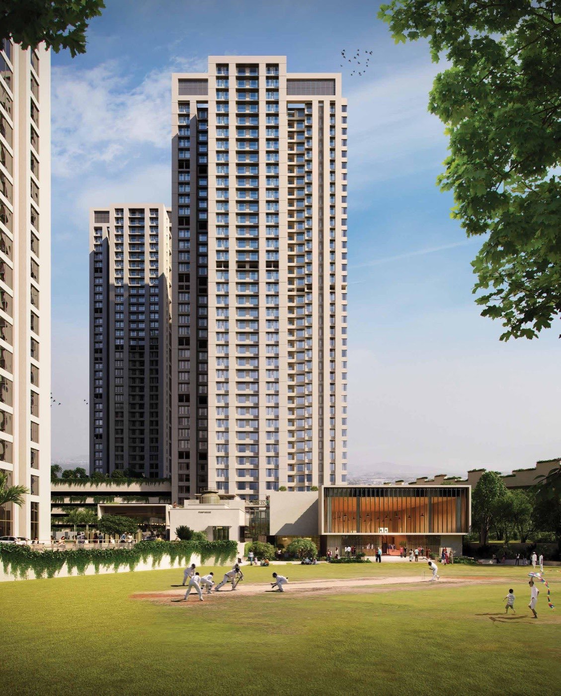 Cricket ground and residential towers