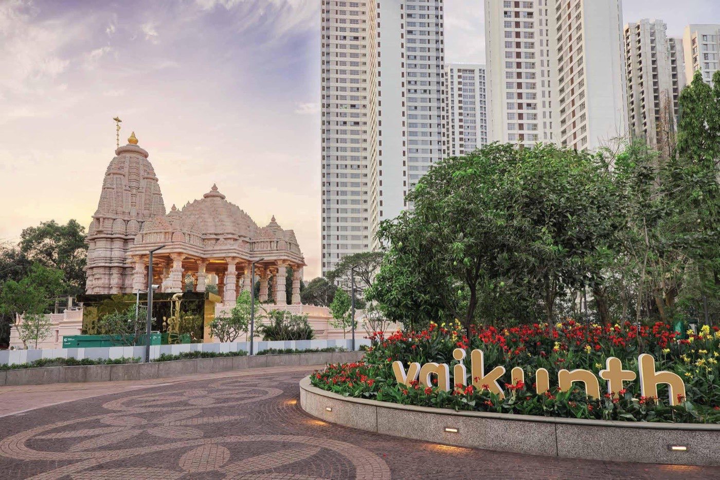 Piramal Vaikunth entrance sign with ISKCON temple and towers